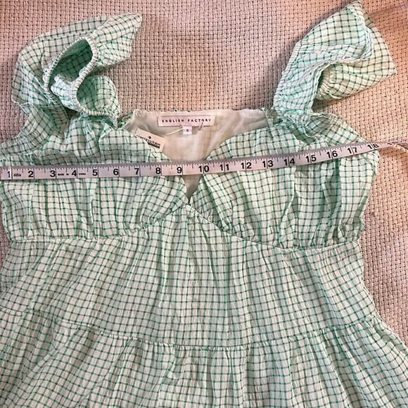 English Factory green and white checkered mini tiered dress NEW size S - Picture 8 of 8